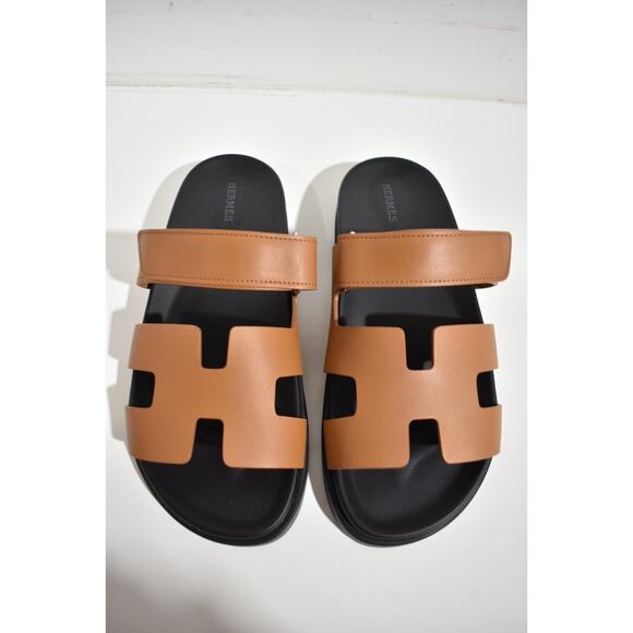 Hermes Chypre Sandal Natural Brown Leather Black Strap Slide Slip On Flat 39.5 - Picture 7 of 12